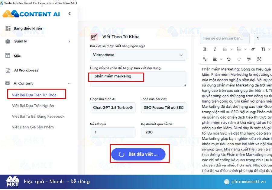 Tính năng AI viết bài theo từ khóa